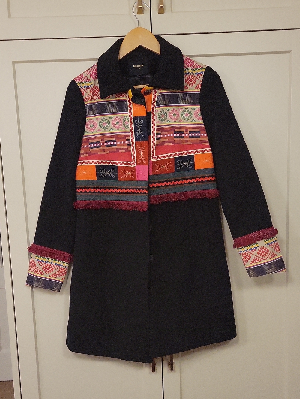 Desigual Black Pea Coat with Multicolor Patchwork Embroidered details sz 36 EU